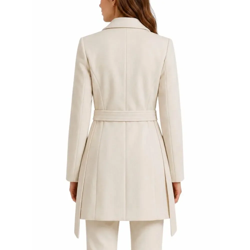 Express Premium Wool Blend Belted Double Breasted Coat Cream White Size XS